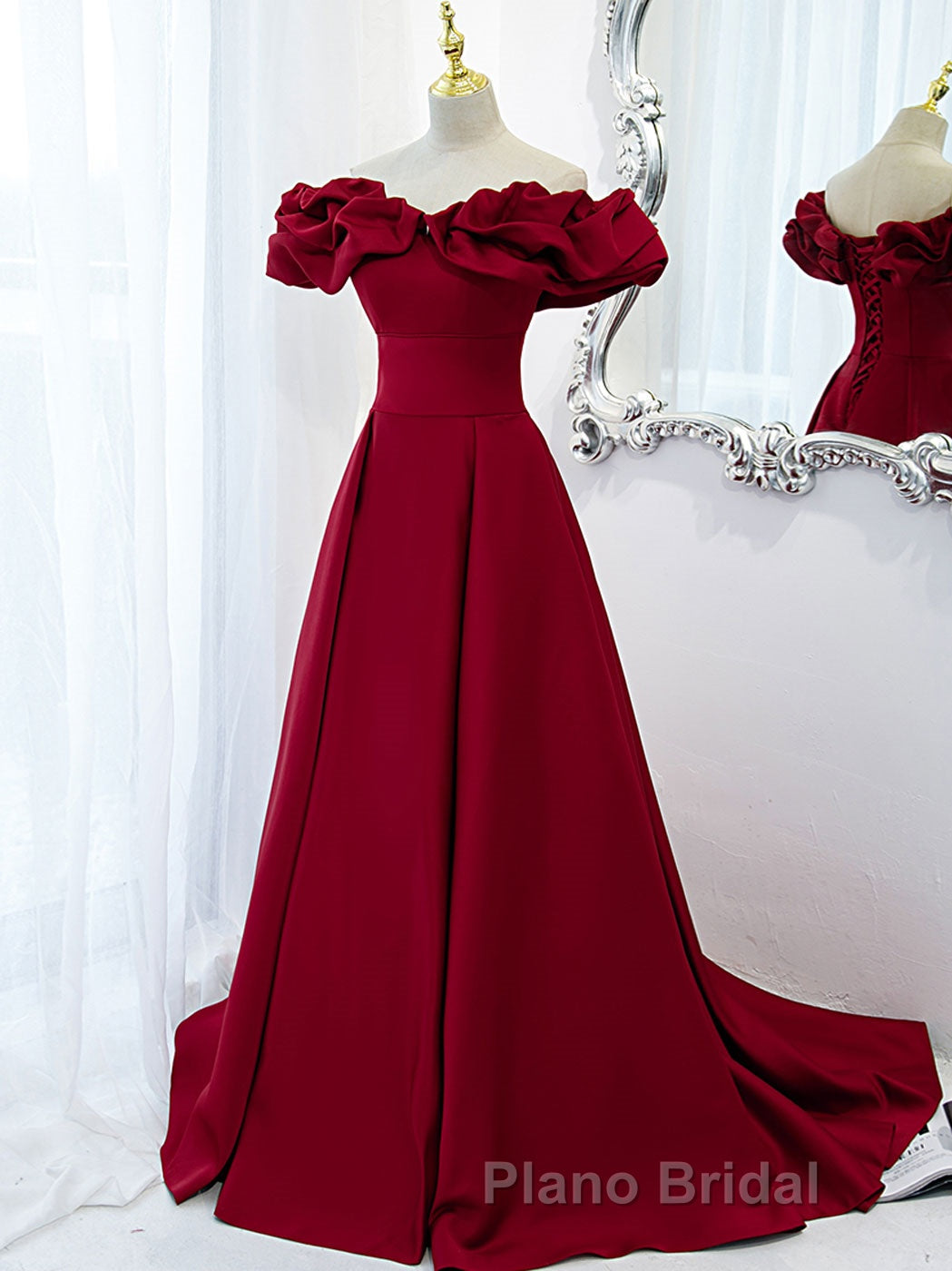 Burgundy A-Line Satin Long Formal Prom Dress, Burgundy Formal Evening Dresses Secondary image