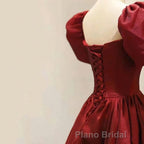 Burgundy A-line Satin Vintage Women Dresses Long Formal Prom Dresses