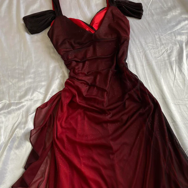 Burgundy A Line Shiny Long Formal Prom Dresses Ruffled Formal Evening Gown