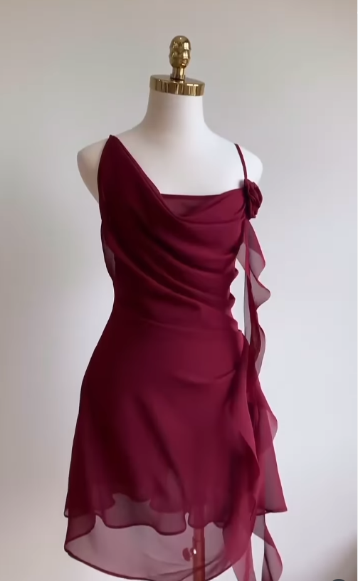 Burgundy A Line Spaghetti Strap Floral Chiffon Short Party Dresses Homecoming Dresses Outfits Secondary image