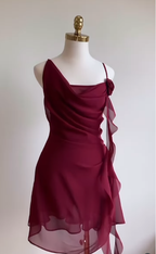 Burgundy A Line Spaghetti Strap Floral Chiffon Short Party Dresses Homecoming Dresses Outfits