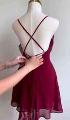 Burgundy A Line Spaghetti Strap Floral Chiffon Short Party Dresses Homecoming Dresses Outfits