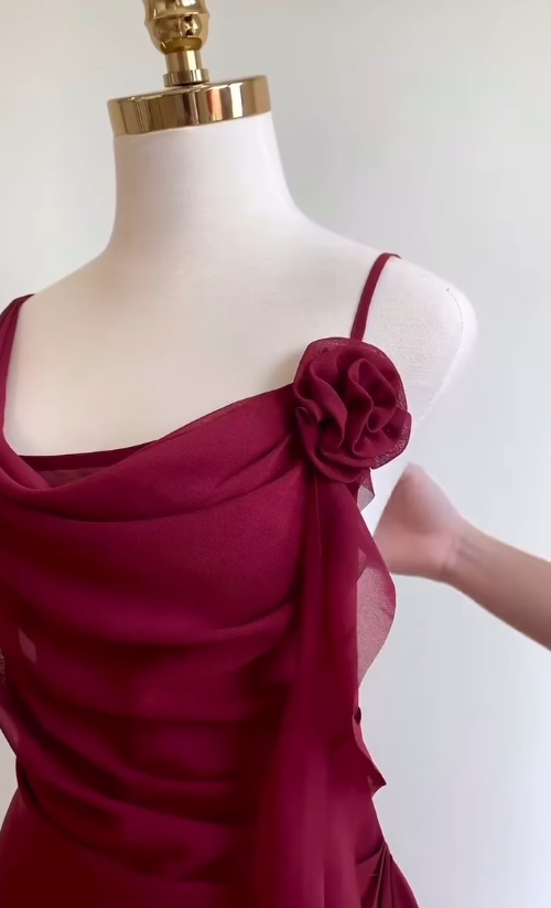 Burgundy A Line Spaghetti Strap Floral Chiffon Short Party Dresses Homecoming Dresses Outfits