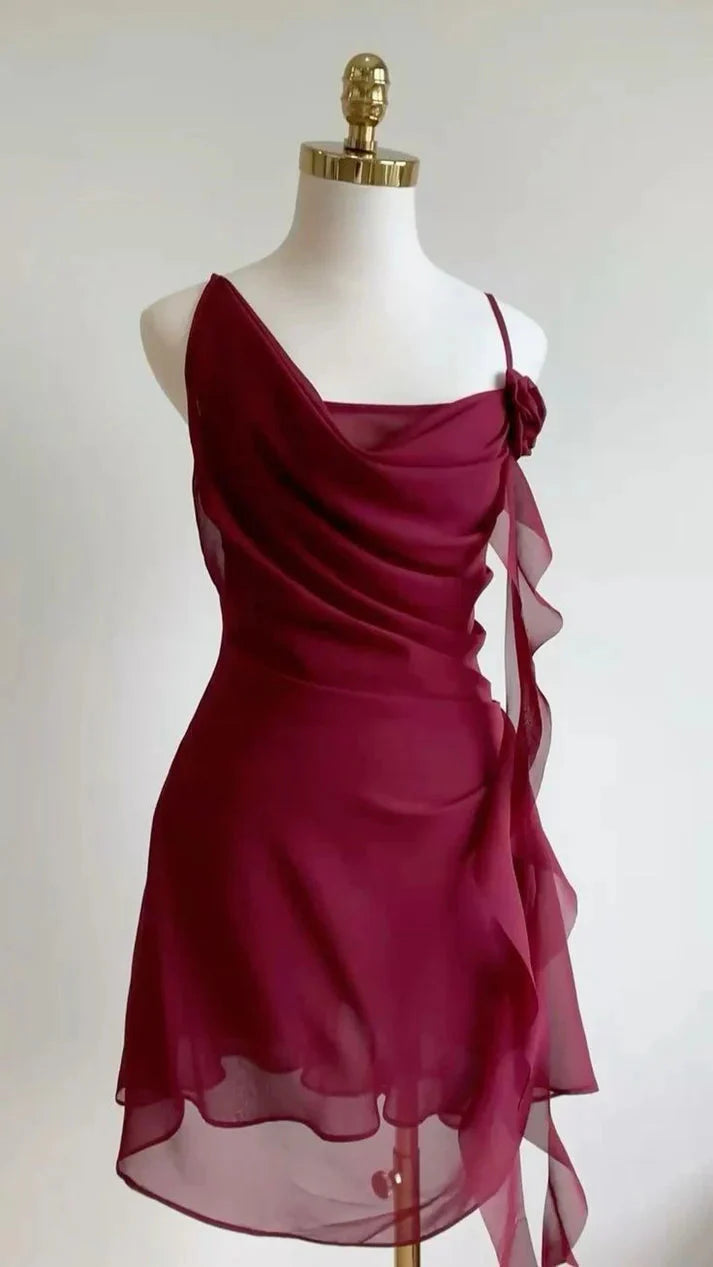 Burgundy A Line Spaghetti Strap Floral Chiffon Short Party Dresses Homecoming Dresses Outfits Main image