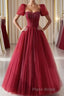 Burgundy A line tulle beads long Formal Prom dress burgundy formal dress