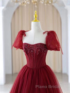 Burgundy A line tulle beads long Formal Prom dress burgundy formal dress