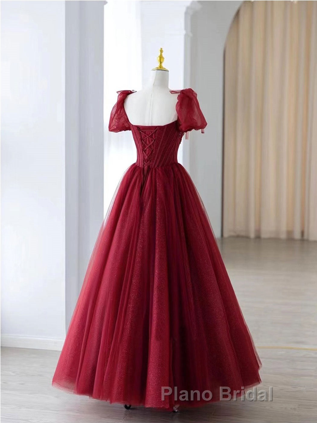Burgundy A line tulle beads long Formal Prom dress burgundy formal dress