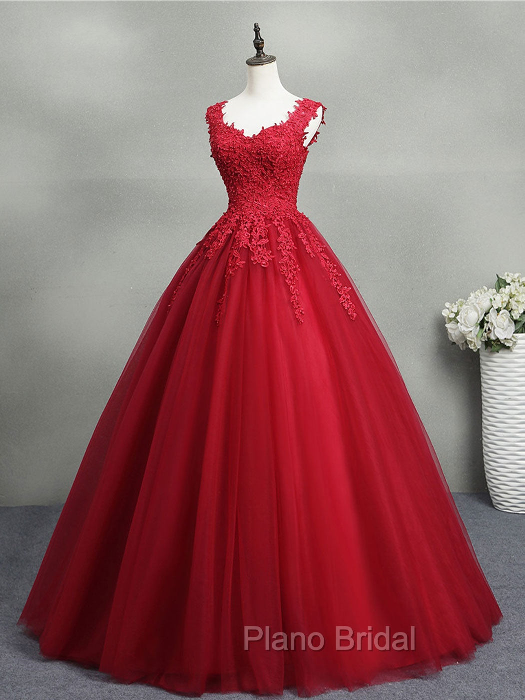 Burgundy A-Line Tulle Lace Long Formal Prom Dresses, Burgundy Formal Evening Dresses