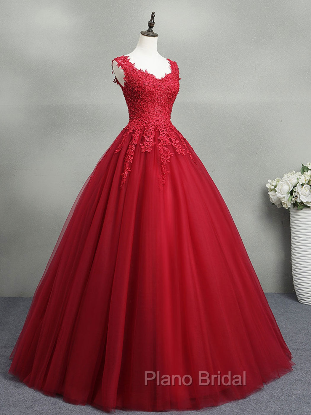 Burgundy A-Line Tulle Lace Long Formal Prom Dresses, Burgundy Formal Evening Dresses