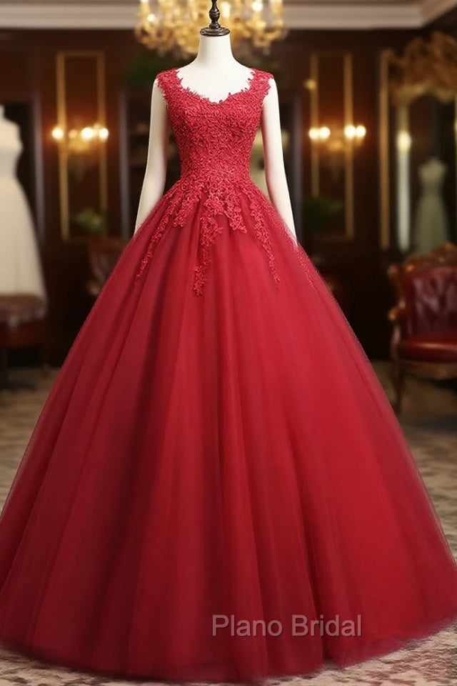 Burgundy A-Line Tulle Lace Long Formal Prom Dresses, Burgundy Formal Evening Dresses Main image