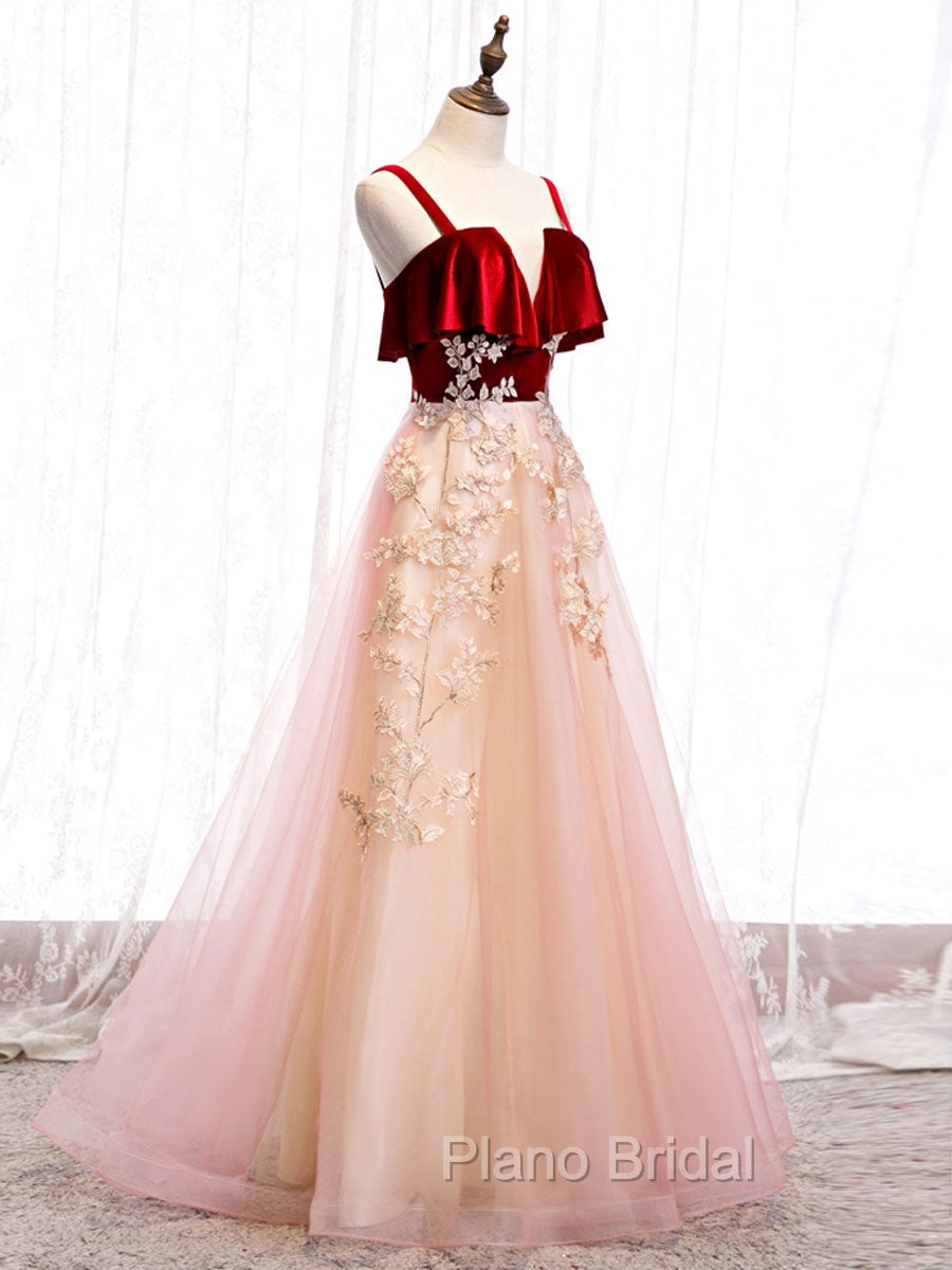 Burgundy A-line Tulle Lace Long Formal Prom Dresses Tulle Formal Dresses Secondary image