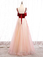 Burgundy A-line Tulle Lace Long Formal Prom Dresses Tulle Formal Dresses