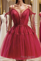 Burgundy A-Line Tulle Lace Short Formal Prom Dress, Burgundy Homecoming Dresses