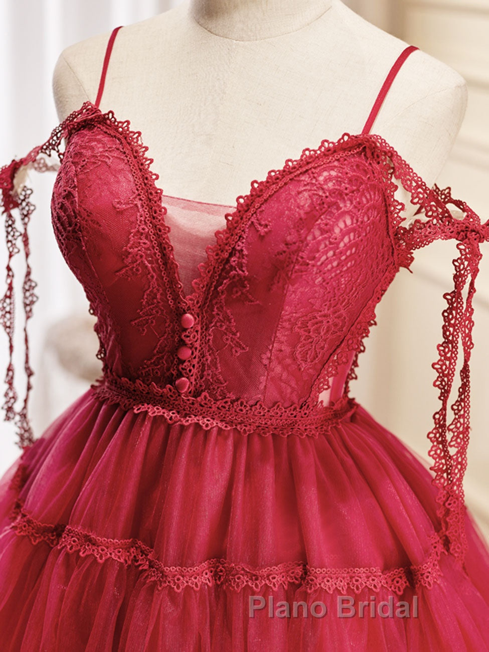 Burgundy A-Line Tulle Lace Short Formal Prom Dress, Burgundy Homecoming Dresses