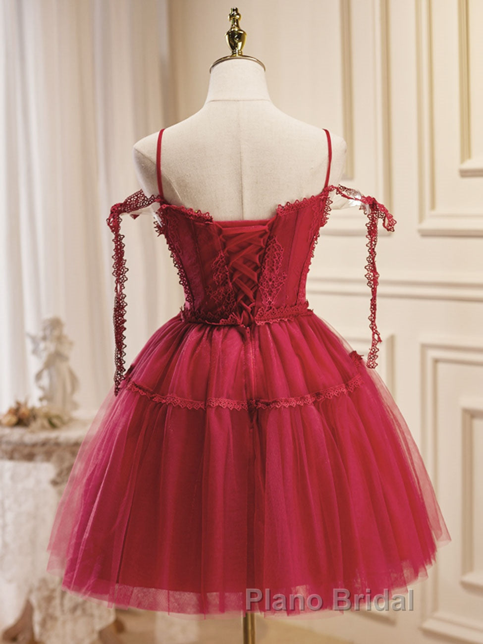 Burgundy A-Line Tulle Lace Short Formal Prom Dress, Burgundy Homecoming Dresses