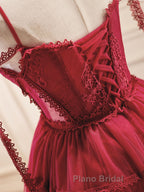 Burgundy A-Line Tulle Lace Short Formal Prom Dress, Burgundy Homecoming Dresses