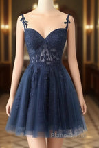 Burgundy A-Line Tulle Lace Short Formal Prom Dresses, Cute Burgundy Homecoming Dresses