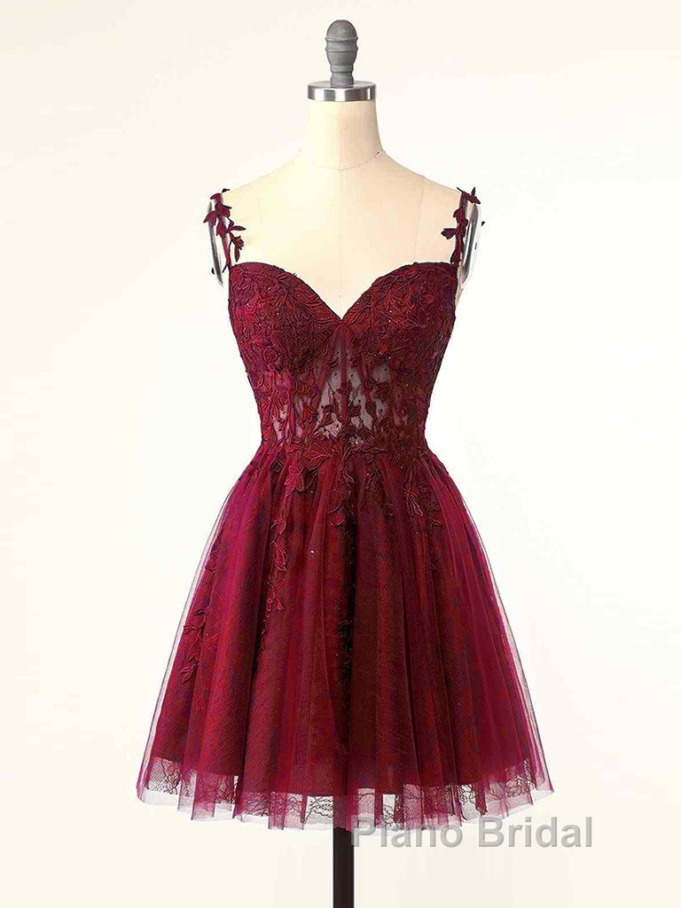 Burgundy A-Line Tulle Lace Short Formal Prom Dresses, Cute Burgundy Homecoming Dresses Secondary image