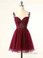 Burgundy A-Line Tulle Lace Short Formal Prom Dresses, Cute Burgundy Homecoming Dresses