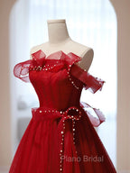 Burgundy A-Line Tulle Long Formal Prom Dresses, Burgundy Tulle Formal Dresses