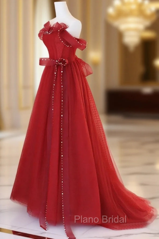 Burgundy A-Line Tulle Long Formal Prom Dresses, Burgundy Tulle Formal Dresses Main image