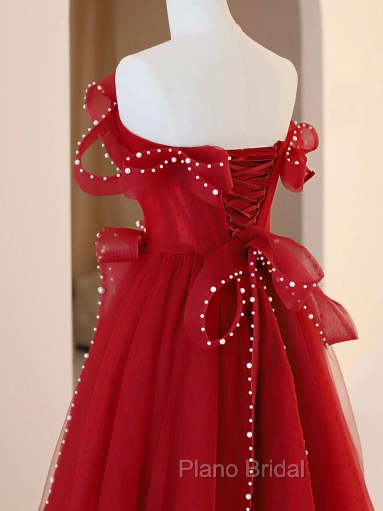 Burgundy A-Line Tulle Long Formal Prom Dresses, Burgundy Tulle Formal Dresses