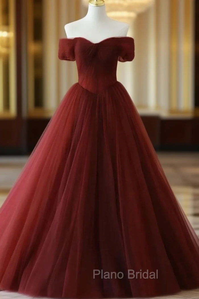 Burgundy A line Tulle Long Formal Prom Dresses, Burgundy Long Bridesmaid Dresses