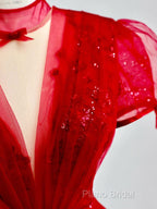 Burgundy A-Line Tulle Sequin Long Formal Prom Dresses, Burgundy Formal Dresses