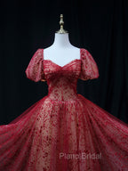 Burgundy A line Tulle Sequin Long Formal Prom Dresses Burgundy Tulle Formal Evening Dresses