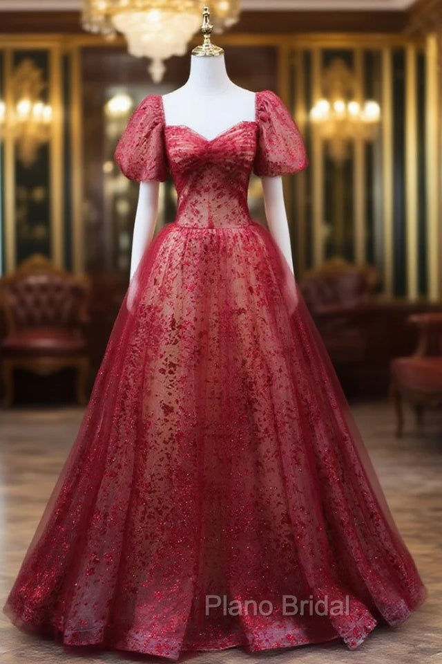Burgundy A line Tulle Sequin Long Formal Prom Dresses Burgundy Tulle Formal Evening Dresses Main image