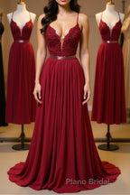 Burgundy A Line V Neck Backless Lace Tulle Long Formal Prom Dresses, Burgundy Lace Formal Dresses, Burgundy Evening Dresses