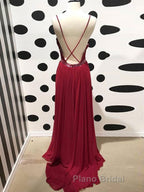 Burgundy A Line V Neck Backless Lace Tulle Long Formal Prom Dresses, Burgundy Lace Formal Dresses, Burgundy Evening Dresses
