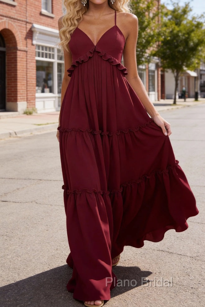 Burgundy A-line V Neck Sleeveless Floor-Length Chiffon Prom Dress Long Prom Dresses Backless with Pleated Ruffles
