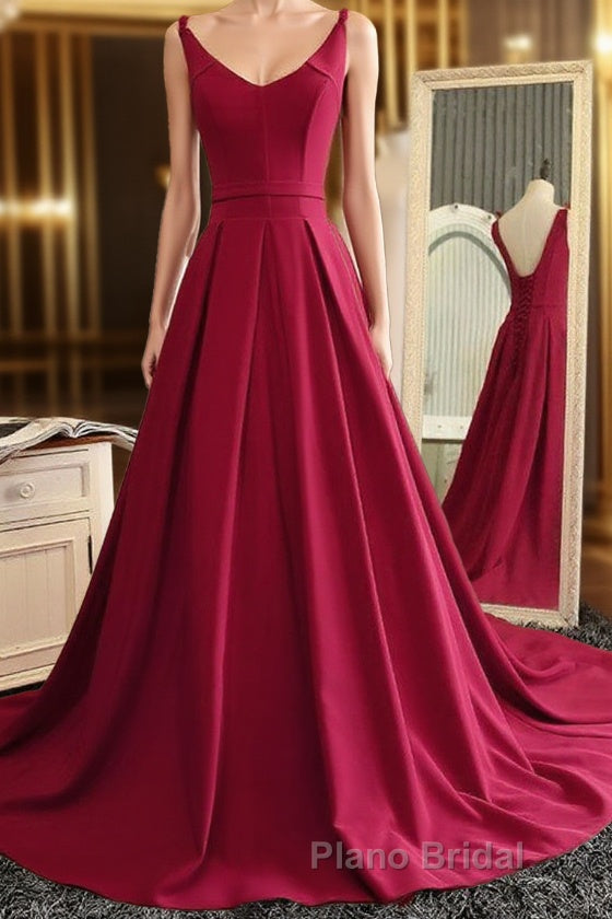 Burgundy A Line V Neck Sweep Train Open Back Satin Long Formal Prom Dress, V Neck Burgundy Formal Dress, Backless Evening Dress