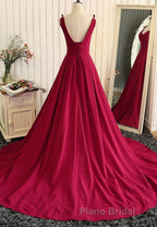 Burgundy A Line V Neck Sweep Train Open Back Satin Long Formal Prom Dress, V Neck Burgundy Formal Dress, Backless Evening Dress