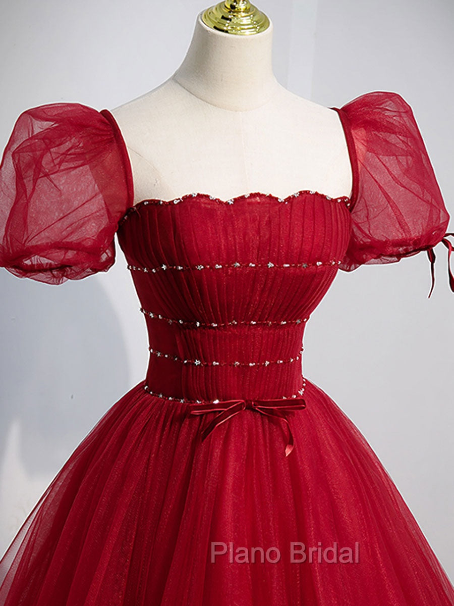 Burgundy Aline Tulle Beads Long Formal Prom Dresses, Burgundy Formal Dresses Secondary image