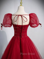 Burgundy Aline Tulle Beads Long Formal Prom Dresses, Burgundy Formal Dresses