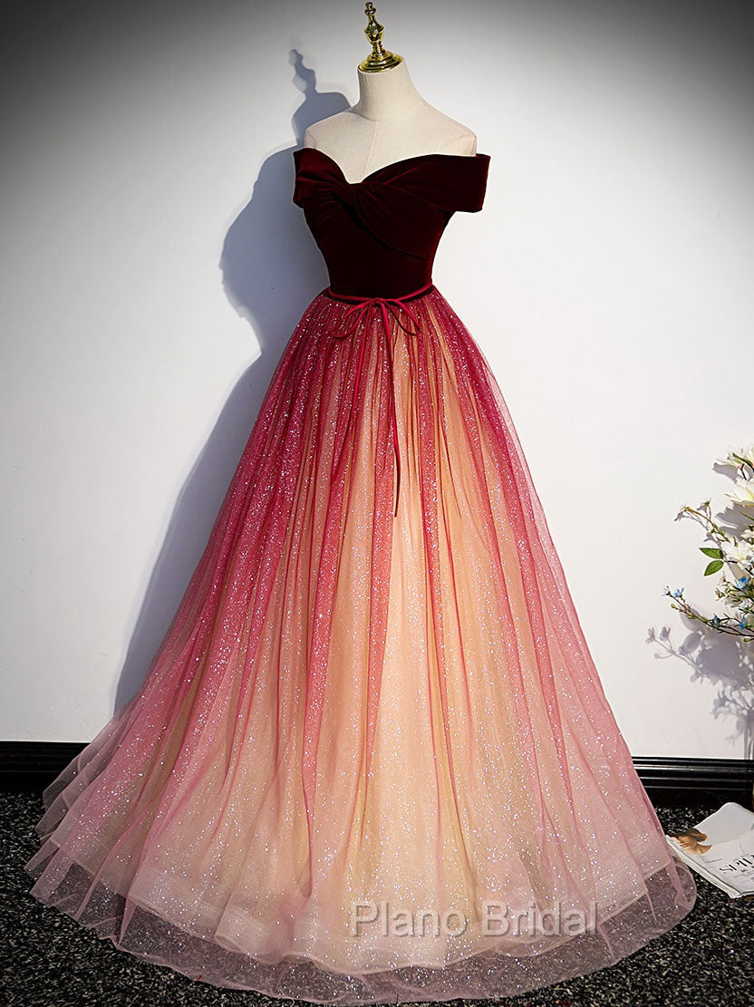 Burgundy Aline Tulle Sequin Long Formal Prom Dresses, Velvet Burgundy Formal Party Dresses Secondary image