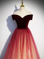 Burgundy Aline Tulle Sequin Long Formal Prom Dresses, Velvet Burgundy Formal Party Dresses