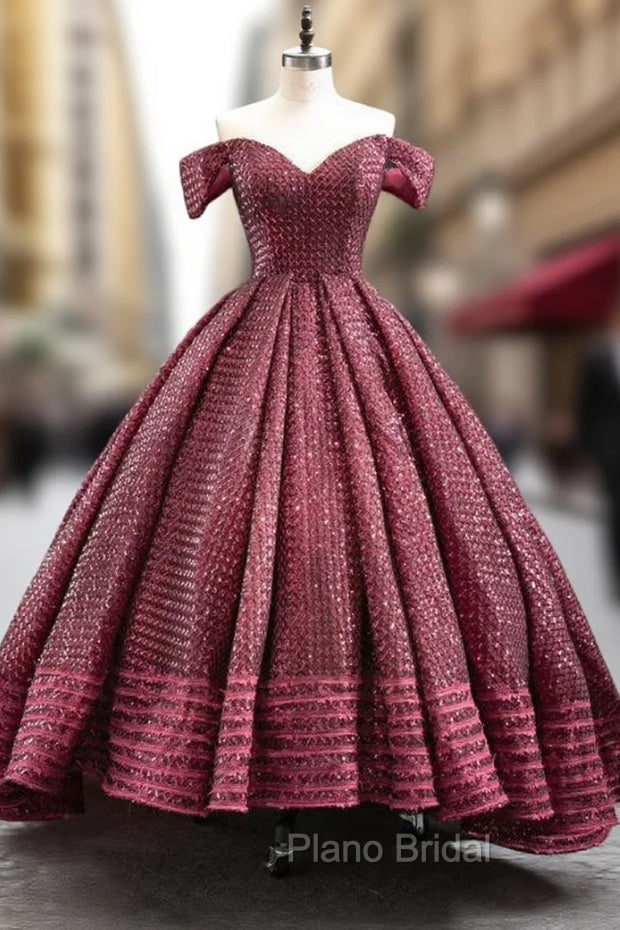 Burgundy Ball Gown Sequins Off the Shoulder Formal Prom Dresses Main image
