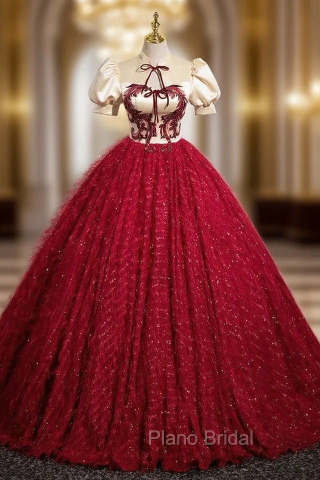 Burgundy Ball Gown Puff Sleeve Quinceanera Dresses Main image
