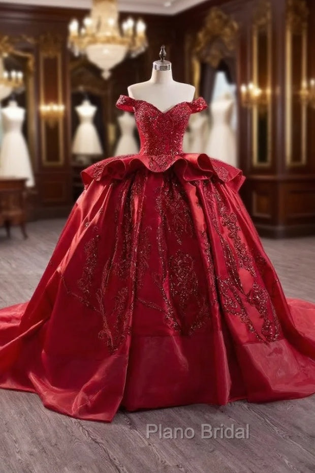 Burgundy Ball Gown Satin Sequins Formal Prom Dresses Main image