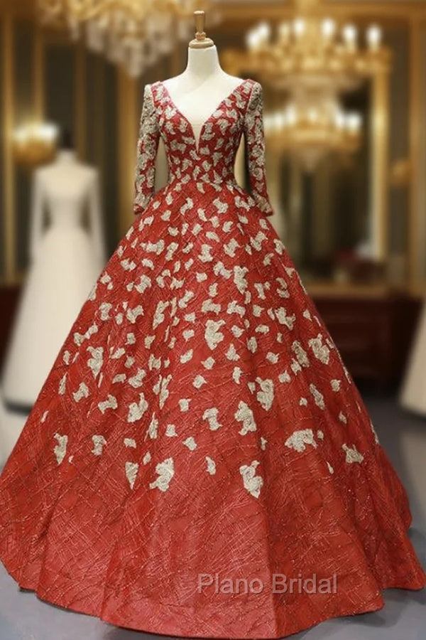 Burgundy Ball Gown Sequins Appliques Deep V-neck Long Sleeve Formal Prom Dresses