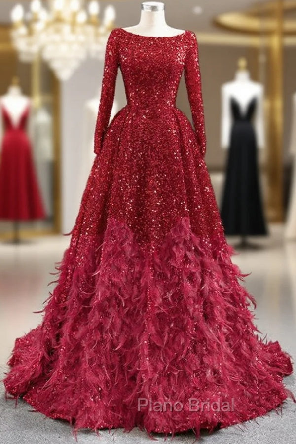Burgundy Ball Gown Sequins Long Sleeve Feather Formal Prom Dresses Main image