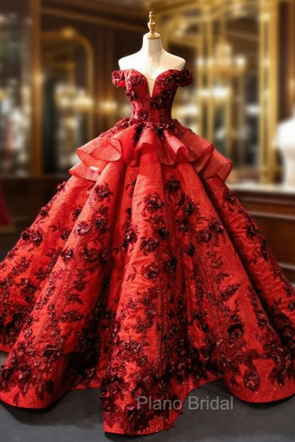 Burgundy Ball Gown Sequins Off the Shoulder 3D Flower Haute Couture Formal Prom Dresses Main image