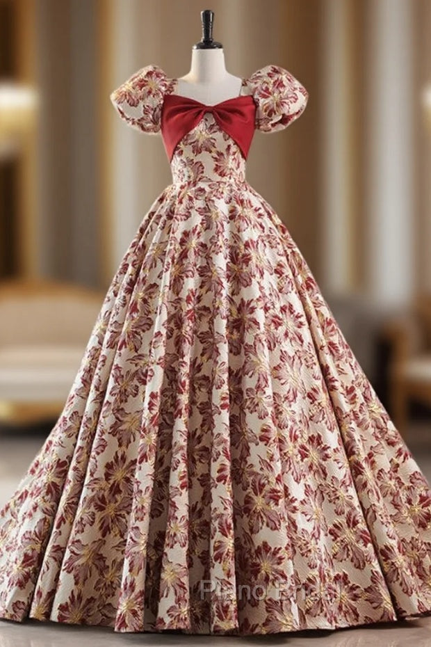 Burgundy Ball Gown Square Puff Sleeve Formal Prom Dresses Main image
