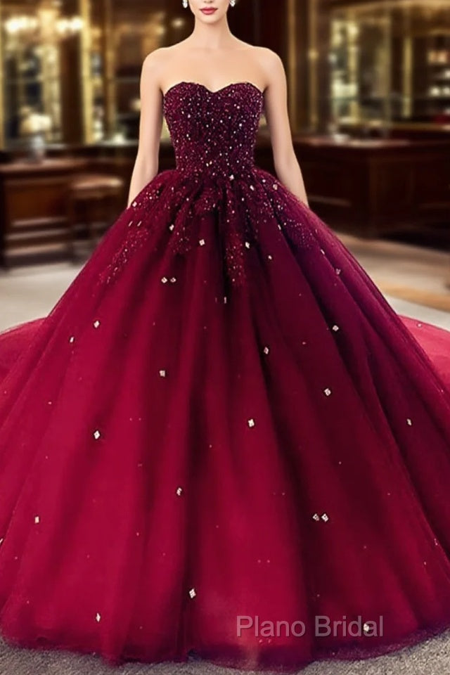 Burgundy Ball Gown Sweetheart Beaded Formal Gown, Burgundy Sweet 16 Dresses Main image