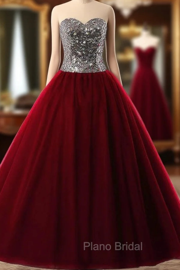 Burgundy Ball Gown Sweetheart Tulle Sequins Quinceanera Dresses Main image