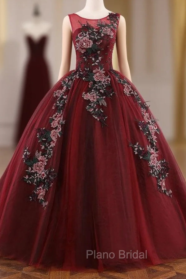 Burgundy Ball Gown Tulle Appliques Quinceanera Dresses