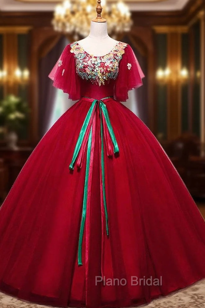 Burgundy Ball Gown Tulle Appliques Quinceanera Dresses With Sash Main image